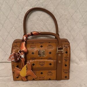 MCM Cognac Visetos Satchel with added Winged Horse Charm and Twilly